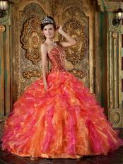 Beaded Orange And Hot Pink Ruffles Skirt Quinceanera Gown