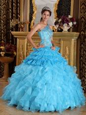 Aqua Gradient Fading Color Quinceanera Dress One Shouler Style