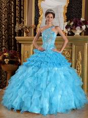 Aqua Gradient Fading Color Quinceanera Dress One Shouler Style