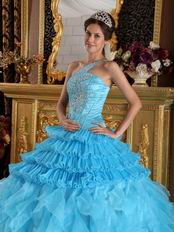 Aqua Gradient Fading Color Quinceanera Dress One Shouler Style