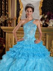 Aqua Gradient Fading Color Quinceanera Dress One Shouler Style