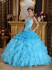 Aqua Gradient Fading Color Quinceanera Dress One Shouler Style