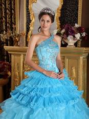 Aqua Gradient Fading Color Quinceanera Dress One Shouler Style