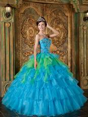 Azure With Spring Green Contrast Layers Skirt Quinceanera Dress