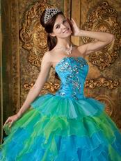 Azure With Spring Green Contrast Layers Skirt Quinceanera Dress