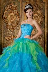 Azure With Spring Green Contrast Layers Skirt Quinceanera Dress