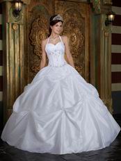 Halter Floor Length Picks-up Skirt White Quinceanera Dress