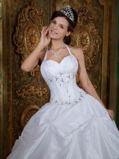 Halter Floor Length Picks-up Skirt White Quinceanera Dress