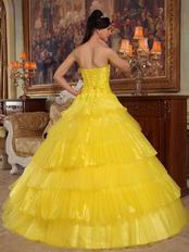 Bright Yellow Layers Cascade Long Skirt Dress To Quinceanera