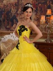 Bright Yellow Layers Cascade Long Skirt Dress To Quinceanera