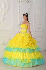 Bright Canary Yellow Layers Skirt Dress For Quinceanera