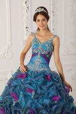 Spaghetti Straps Teal Quinceanera Dress With Handmade Flowers