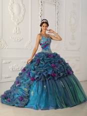 Spaghetti Straps Teal Quinceanera Dress With Handmade Flowers