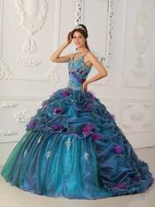 Spaghetti Straps Teal Quinceanera Dress With Handmade Flowers