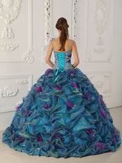 Spaghetti Straps Teal Quinceanera Dress With Handmade Flowers