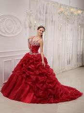 Wine Red Designer Quinceanera Dress With Spaghetti Straps