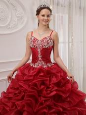 Wine Red Designer Quinceanera Dress With Spaghetti Straps