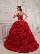 Wine Red Designer Quinceanera Dress With Spaghetti Straps