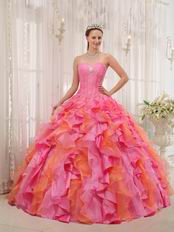 One Hot Pink One Orange Cascade Skirt Girls Quinceanera Dress