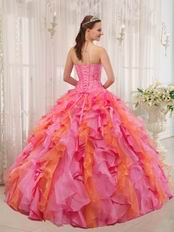 One Hot Pink One Orange Cascade Skirt Girls Quinceanera Dress