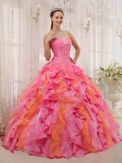 One Hot Pink One Orange Cascade Skirt Girls Quinceanera Dress