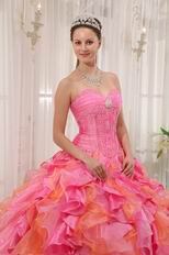 One Hot Pink One Orange Cascade Skirt Girls Quinceanera Dress