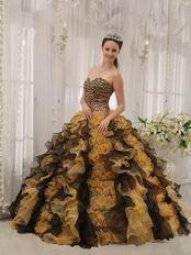 Leopard Quinceanera Dress With Black And Yellow Ruffle Skirt