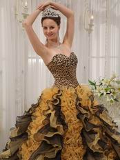 Leopard Quinceanera Dress With Black And Yellow Ruffle Skirt