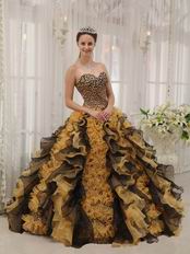 Leopard Quinceanera Dress With Black And Yellow Ruffle Skirt