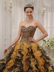 Leopard Quinceanera Dress With Black And Yellow Ruffle Skirt