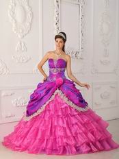 Layers Skirt Fuchsia Quinceanera Dress With Lace Decorate