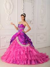 Layers Skirt Fuchsia Quinceanera Dress With Lace Decorate