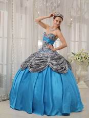 Printed Zebra Fabric 16 Years Old Girls Blue Quinceanera Dress