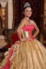 Corset Back Ruffled Skirt Golden Quinceanera Military Dress