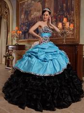 Aqua Blue And Black Cascade Skirt Dress to Quinceanera Party