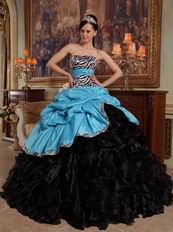 Aqua Blue And Black Cascade Skirt Dress to Quinceanera Party