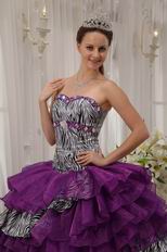 Purple And Zebra Fabric Layers Cascade Skirt Quinceanera Dress