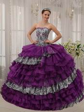 Purple And Zebra Fabric Layers Cascade Skirt Quinceanera Dress