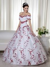 Short Sleeves Wine Red Leaves Appliqued White Quinceanera Dress