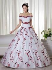 Short Sleeves Wine Red Leaves Appliqued White Quinceanera Dress