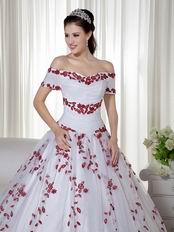 Short Sleeves Wine Red Leaves Appliqued White Quinceanera Dress