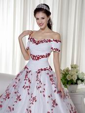 Short Sleeves Wine Red Leaves Appliqued White Quinceanera Dress