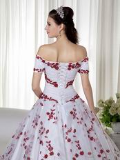 Short Sleeves Wine Red Leaves Appliqued White Quinceanera Dress