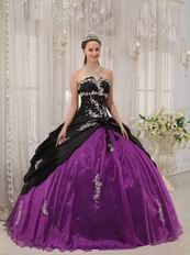 Appliqued Strapless Black and Purple Quinceanera Dress