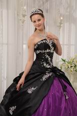 Appliqued Strapless Black and Purple Quinceanera Dress