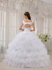 Square Neckline Cascade Ball Gown White Quinceanera Dress