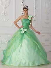 Single Shoulder Apple Green Prom Gown With Hand Made Flowers