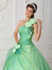 Single Shoulder Apple Green Prom Gown With Hand Made Flowers