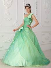 Single Shoulder Apple Green Prom Gown With Hand Made Flowers