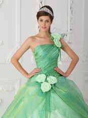 Single Shoulder Apple Green Prom Gown With Hand Made Flowers